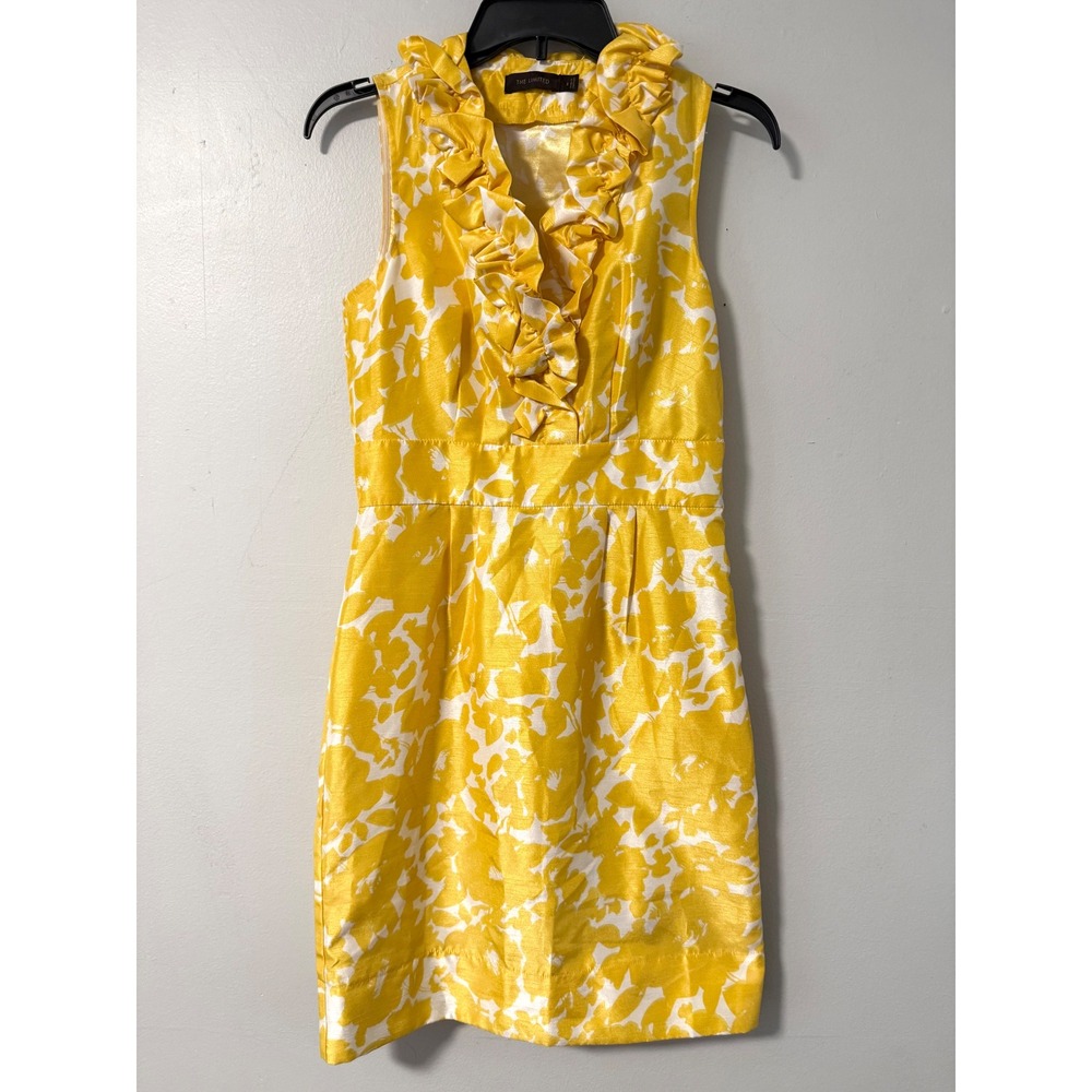 The Limited Yellow White Floral Ruffle V-Neck Sleeveless Sheath Dress Size 2